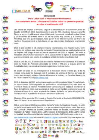 Comunicado - Hoy conmemoramos 1 año que en Ecuador todas las personas puedan acceder al Matrimonio Civil - Federación Ecuatoriana de Organizaciones LGBT - Camara LGBT de Comercio - Silueta X-1